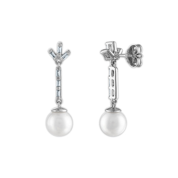 7MM Round Pearl and White Sapphire Fashion Drop & Dangle Earrings in Rhodium Plated Sterling Silver