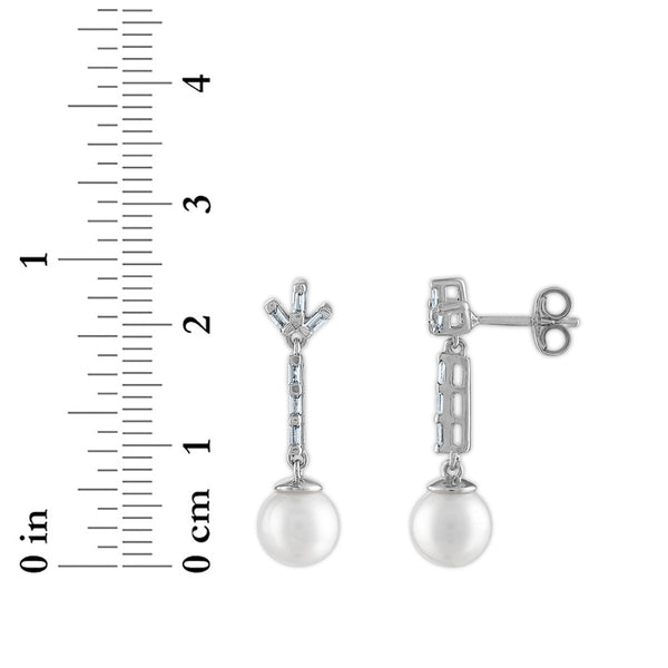 7MM Round Pearl and White Sapphire Fashion Drop & Dangle Earrings in Rhodium Plated Sterling Silver