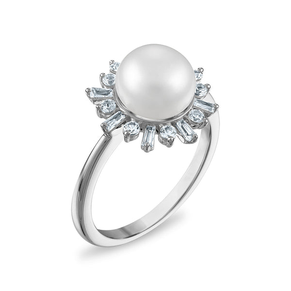 9MM Round Pearl and White Sapphire Fashion Ring in Rhodium Plated Sterling Silver