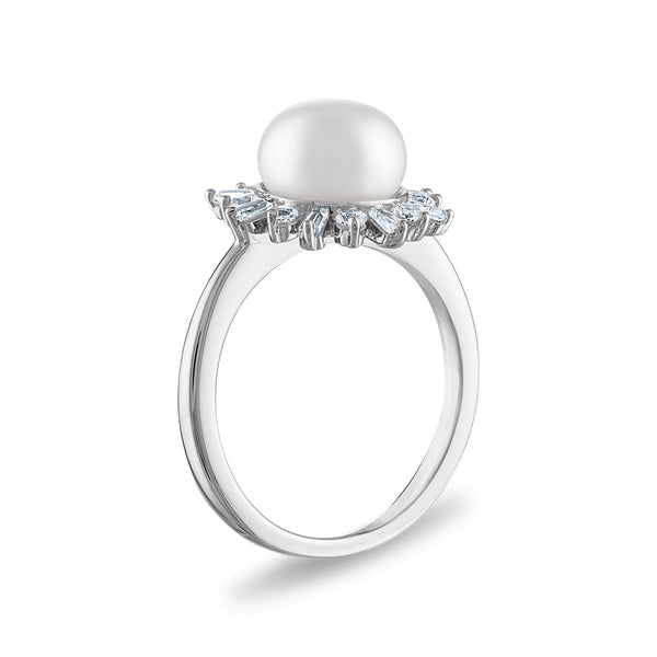 9MM Round Pearl and White Sapphire Fashion Ring in Rhodium Plated Sterling Silver