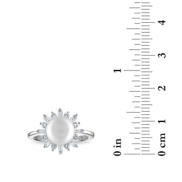 9MM Round Pearl and White Sapphire Fashion Ring in Rhodium Plated Sterling Silver