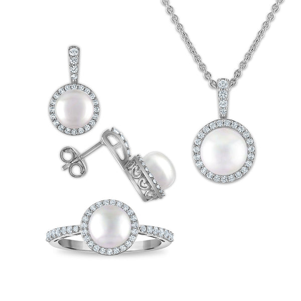 Pearl and White Sapphire 3-Piece Set in Rhodium Plated Sterling Silver