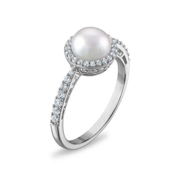 Pearl and White Sapphire 3-Piece Set in Rhodium Plated Sterling Silver