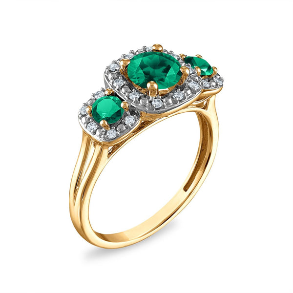 LoveSong EcoLove Round Emerald and Emerald Three Stone Halo Ring in 10KT Yellow Gold