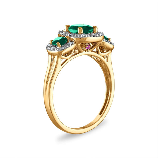 LoveSong EcoLove Round Emerald and Emerald Three Stone Halo Ring in 10KT Yellow Gold