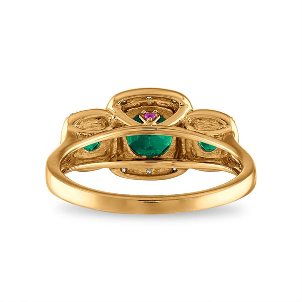 LoveSong EcoLove Round Emerald and Emerald Three Stone Halo Ring in 10KT Yellow Gold