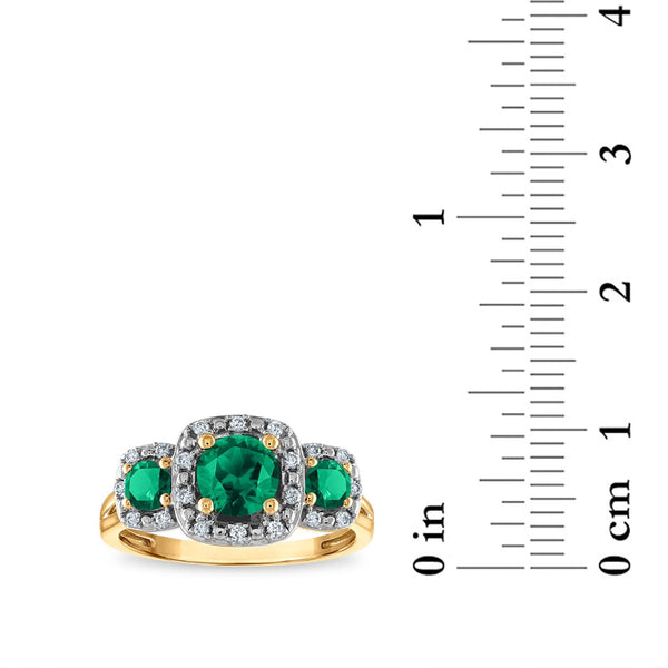 LoveSong EcoLove Round Emerald and Emerald Three Stone Halo Ring in 10KT Yellow Gold