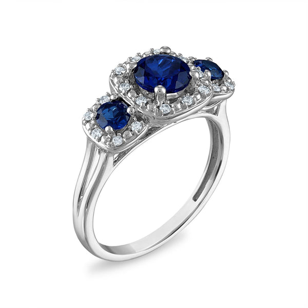 LoveSong EcoLove 6XMM Round Blue Sapphire and Diamond Three Stone Halo Ring in 10KT White Gold