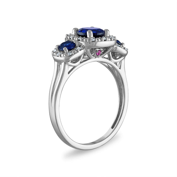 LoveSong EcoLove 6XMM Round Blue Sapphire and Diamond Three Stone Halo Ring in 10KT White Gold