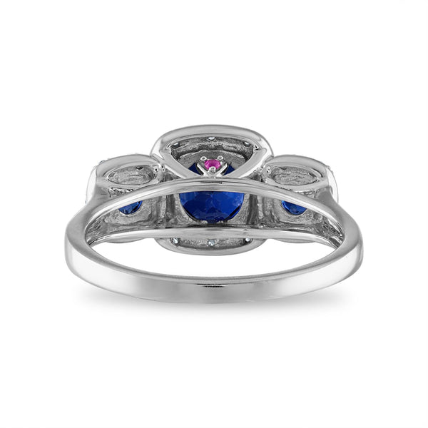 LoveSong EcoLove 6XMM Round Blue Sapphire and Diamond Three Stone Halo Ring in 10KT White Gold