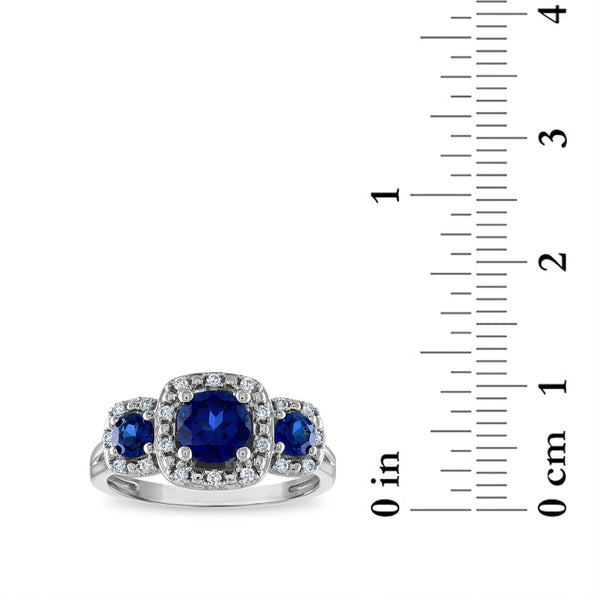 LoveSong EcoLove 6XMM Round Blue Sapphire and Diamond Three Stone Halo Ring in 10KT White Gold