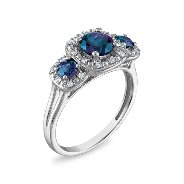 LoveSong EcoLove Round Alexandrite and Sapphire Three Stone Halo Ring in 10KT White Gold