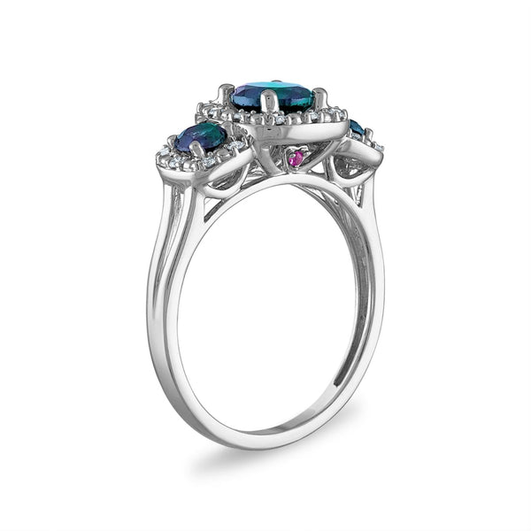 LoveSong EcoLove Round Alexandrite and Sapphire Three Stone Halo Ring in 10KT White Gold