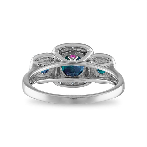 LoveSong EcoLove Round Alexandrite and Sapphire Three Stone Halo Ring in 10KT White Gold