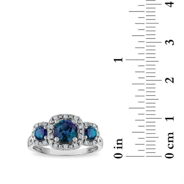 LoveSong EcoLove Round Alexandrite and Sapphire Three Stone Halo Ring in 10KT White Gold