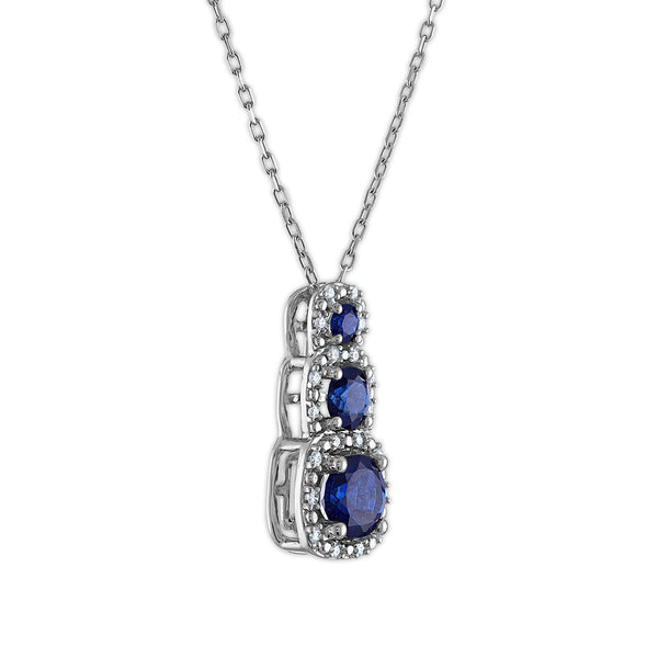 LoveSong EcoLove Round Blue Sapphire and Diamond Three Stone Halo 18-inch Pendant in 10KT White Gold