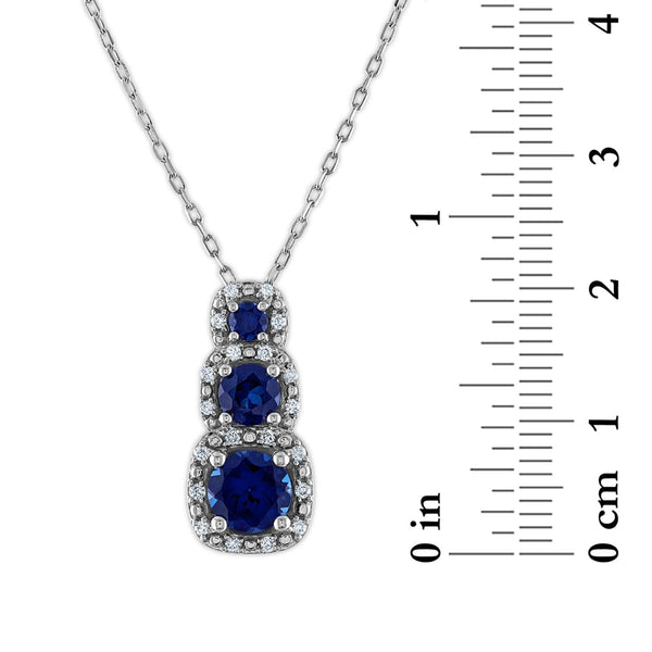 LoveSong EcoLove Round Blue Sapphire and Diamond Three Stone Halo 18-inch Pendant in 10KT White Gold