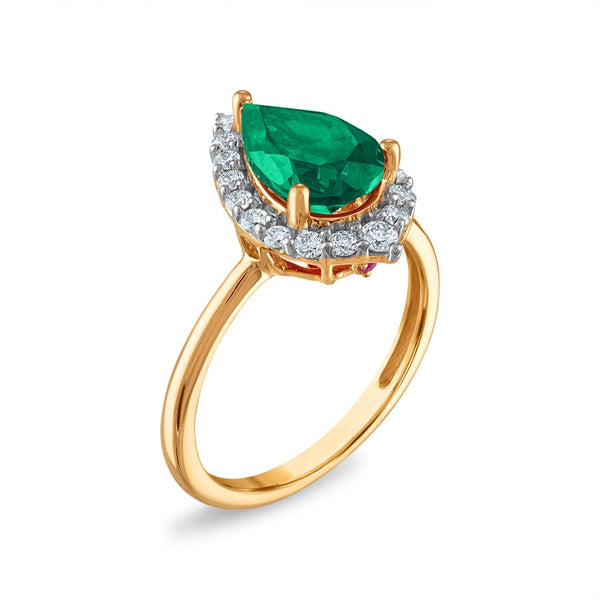 LoveSong EcoLove 10X7MM Pear Emerald and Diamond Halo Ring in 10KT Yellow Gold