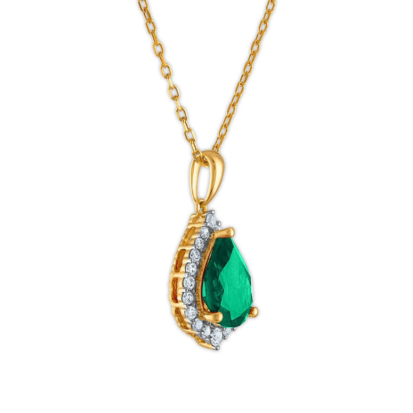 LoveSong EcoLove 10X7MM Pear Emerald and Diamond Halo 18-inch Pendant in 10KT Yellow Gold