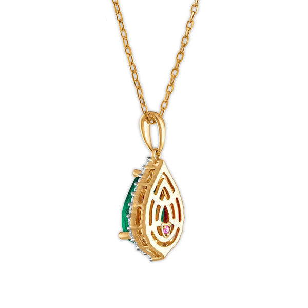 LoveSong EcoLove 10X7MM Pear Emerald and Diamond Halo 18-inch Pendant in 10KT Yellow Gold