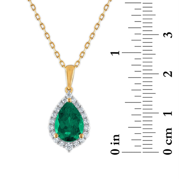 LoveSong EcoLove 10X7MM Pear Emerald and Diamond Halo 18-inch Pendant in 10KT Yellow Gold