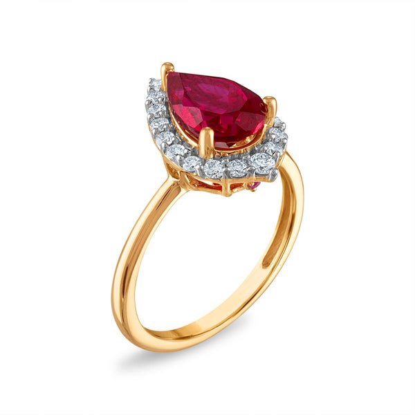 LoveSong EcoLove 10X7MM Pear Ruby and Diamond Halo Ring in 10KT Yellow Gold