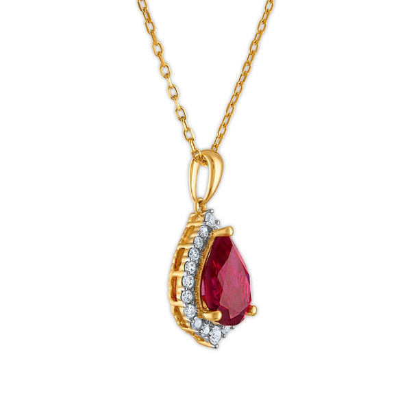 LoveSong EcoLove 10X7MM Pear Ruby and Diamond Halo 18-inch Pendant in 10KT Yellow Gold