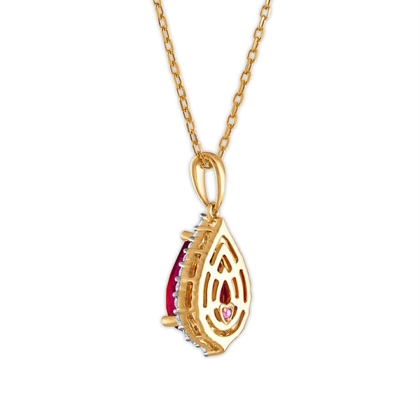 LoveSong EcoLove 10X7MM Pear Ruby and Diamond Halo 18-inch Pendant in 10KT Yellow Gold