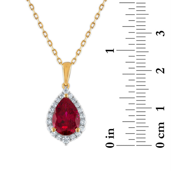 LoveSong EcoLove 10X7MM Pear Ruby and Diamond Halo 18-inch Pendant in 10KT Yellow Gold