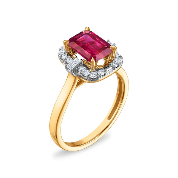 LoveSong EcoLove 8X6MM Emerald Shape Ruby and Diamond Halo Ring in 10KT Yellow Gold