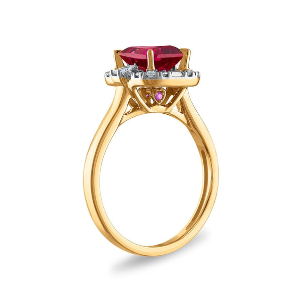 LoveSong EcoLove 8X6MM Emerald Shape Ruby and Diamond Halo Ring in 10KT Yellow Gold