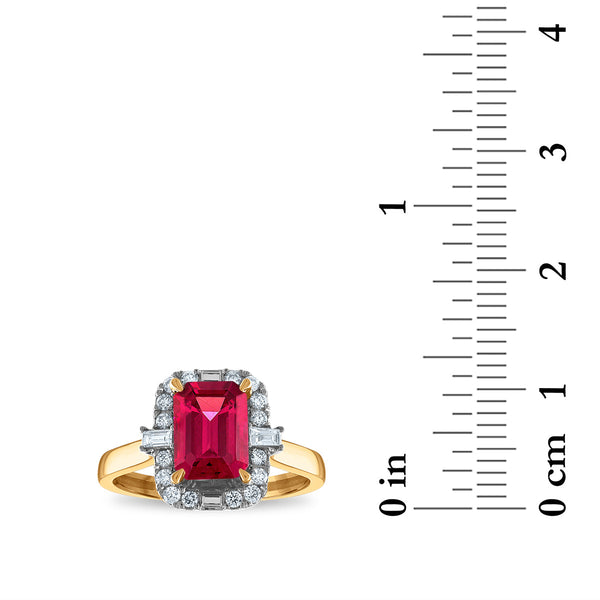 LoveSong EcoLove 8X6MM Emerald Shape Ruby and Diamond Halo Ring in 10KT Yellow Gold