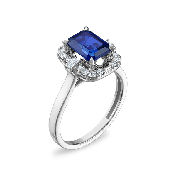 Created Blue Sapphire and Lab Grown Diamond Ring in 10KT White Gold