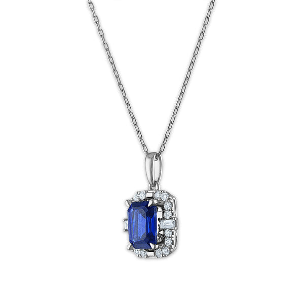 LoveSong EcoLove 8X6MM Emerald Shape Blue Sapphire and Diamond Halo 18-inch Pendant in 10KT White Gold