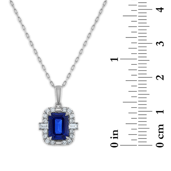 LoveSong EcoLove 8X6MM Emerald Shape Blue Sapphire and Diamond Halo 18-inch Pendant in 10KT White Gold