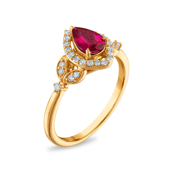 LoveSong EcoLove Pear Ruby and Lab Grown Diamond Halo Ring in 10KT Yellow Gold