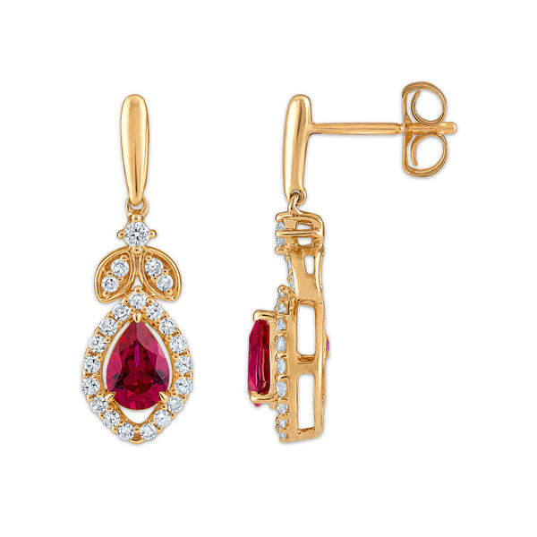 LoveSong EcoLove Pear Ruby and Lab Grown Diamond Drop & Dangle Earrings in 10KT Yellow Gold