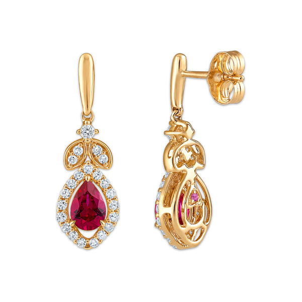 LoveSong EcoLove Pear Ruby and Lab Grown Diamond Drop & Dangle Earrings in 10KT Yellow Gold