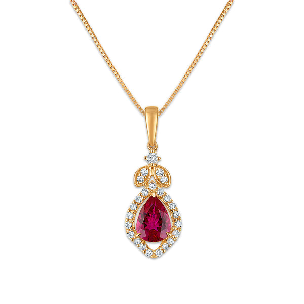 LoveSong EcoLove Pear Ruby and Lab Grown Diamond Halo Drop & Dangle 18-inch Pendant in 10KT Yellow Gold