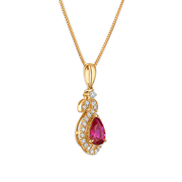 LoveSong EcoLove Pear Ruby and Lab Grown Diamond Halo Drop & Dangle 18-inch Pendant in 10KT Yellow Gold