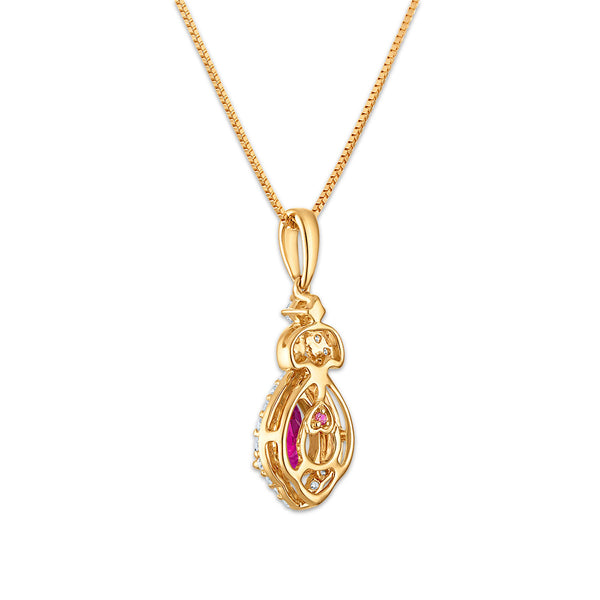 LoveSong EcoLove Pear Ruby and Lab Grown Diamond Halo Drop & Dangle 18-inch Pendant in 10KT Yellow Gold