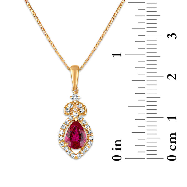 LoveSong EcoLove Pear Ruby and Lab Grown Diamond Halo Drop & Dangle 18-inch Pendant in 10KT Yellow Gold