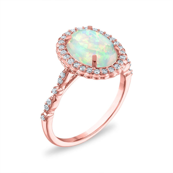 LoveSong 10X8MM Oval Opal and Diamond Halo Ring in 10KT Rose Gold