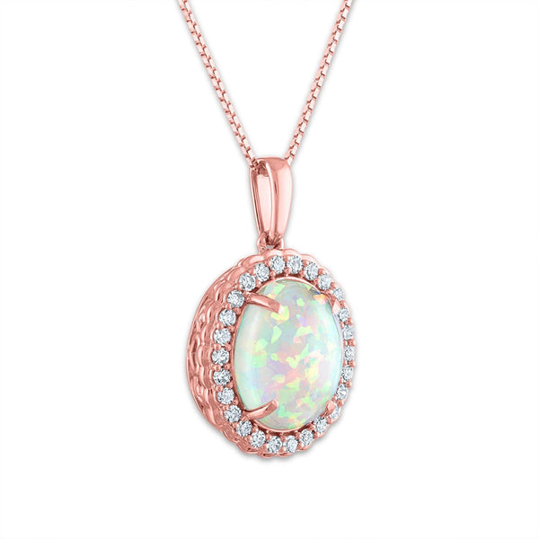 LoveSong 10X8MM Oval Opal and Diamond Halo 18-inch Pendant in 10KT Rose Gold