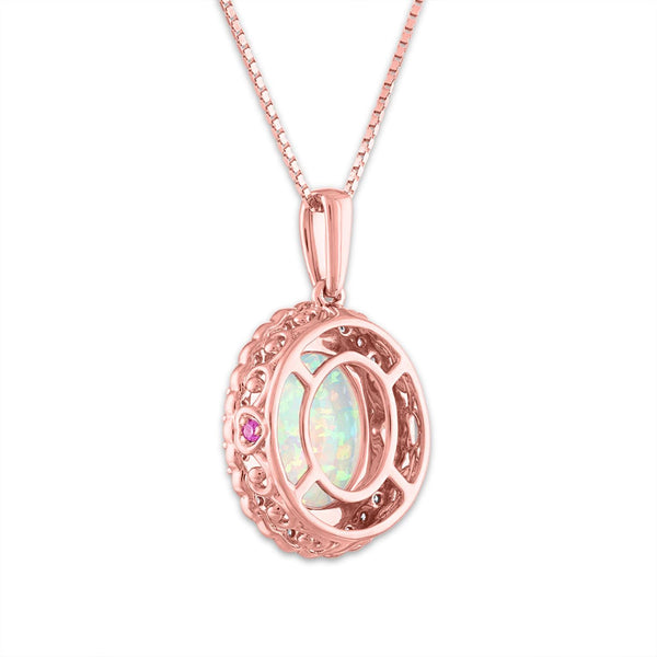 LoveSong 10X8MM Oval Opal and Diamond Halo 18-inch Pendant in 10KT Rose Gold