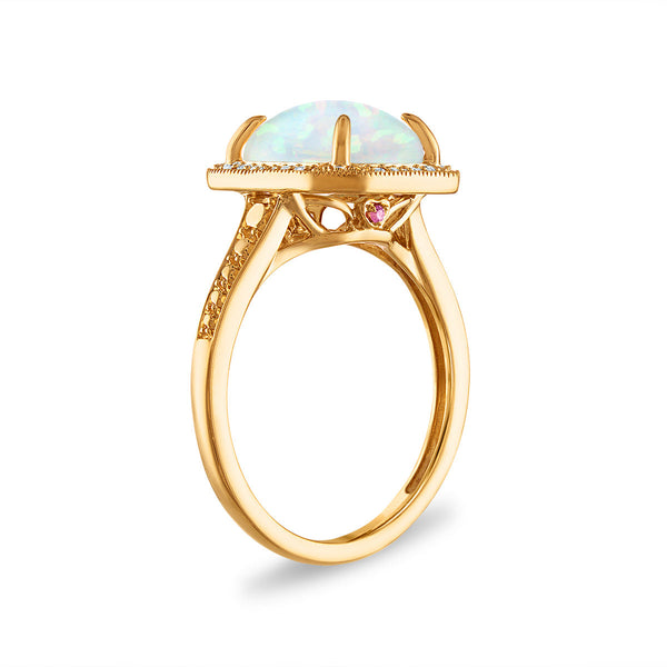 LoveSong 10X8MM Cushion Opal and Diamond Halo Ring in 10KT Yellow Gold