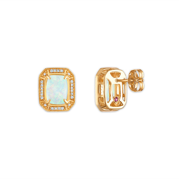 LoveSong 8X6MM Cushion Opal and Diamond Halo Earrings in 10KT Yellow Gold