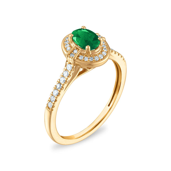 LoveSong 6X4MM Oval Emerald and Diamond Halo Ring in 10KT Yellow Gold