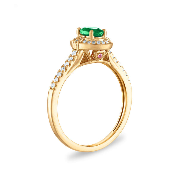 LoveSong 6X4MM Oval Emerald and Diamond Halo Ring in 10KT Yellow Gold