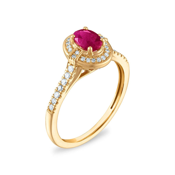 LoveSong 6X4MM Oval Ruby and Diamond Halo Ring in 14KT Yellow Gold